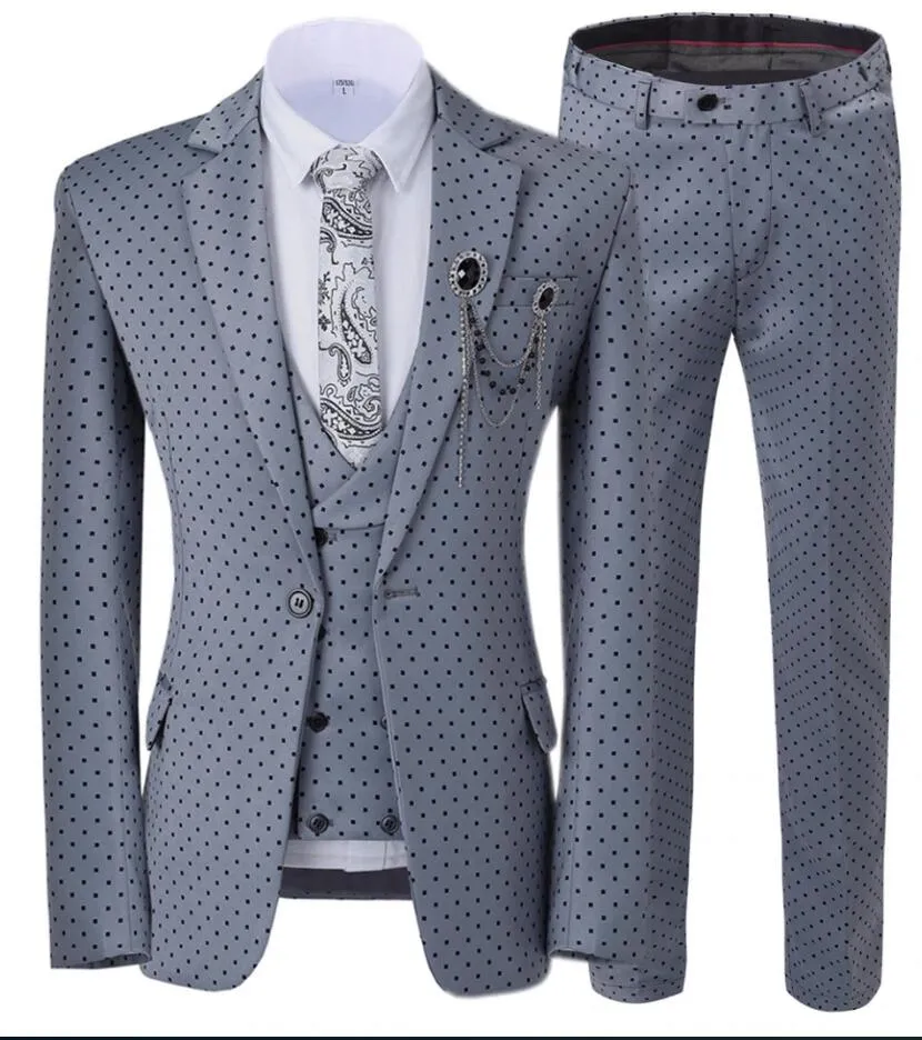 2024 Gray Men's dot Suit 3 Pieces latest coat Notch Lapel Tuxedos Groomsmen For Wedding/party(Jacket vest Pants)