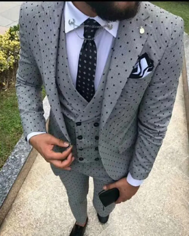 2024 Gray Men's dot Suit 3 Pieces latest coat Notch Lapel Tuxedos Groomsmen For Wedding/party(Jacket vest Pants)