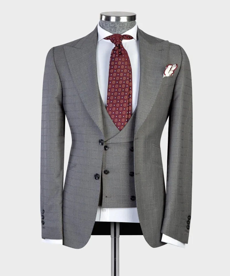 3 pieces Men’s Grey Plaid Suit