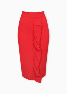 Adalicia - Ruffle Front Geranium Red Pencil Skirt