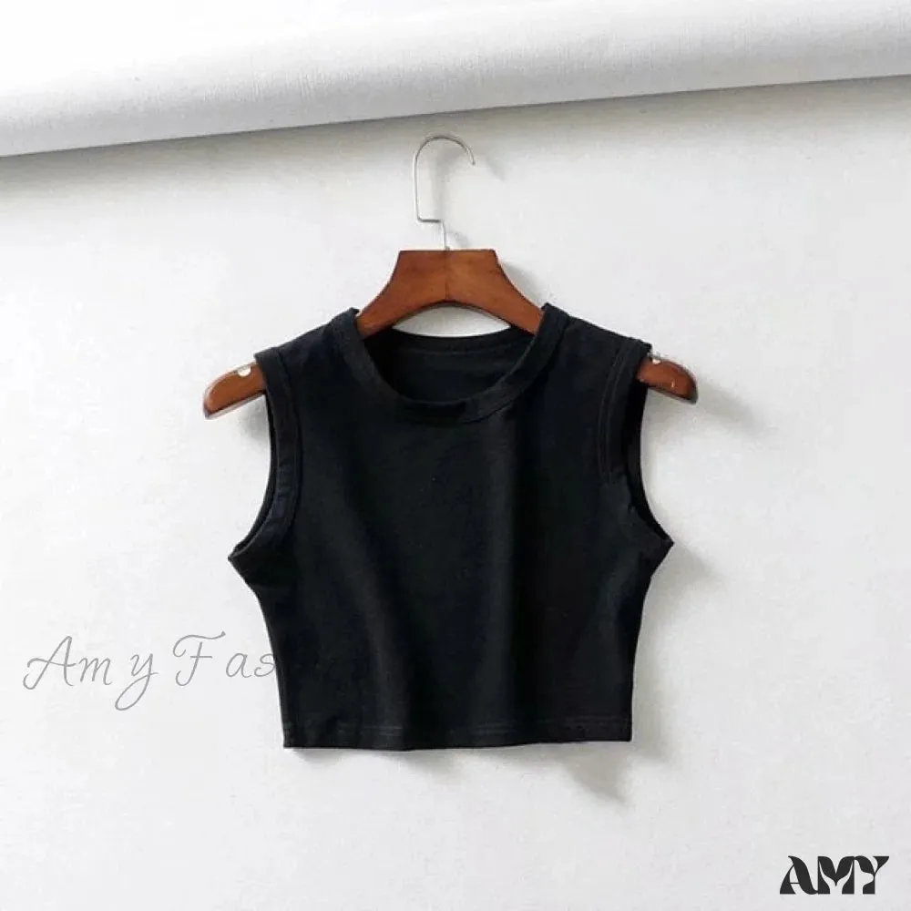 Amy Fashion - O-Neck White Solid Skinny Crop Top