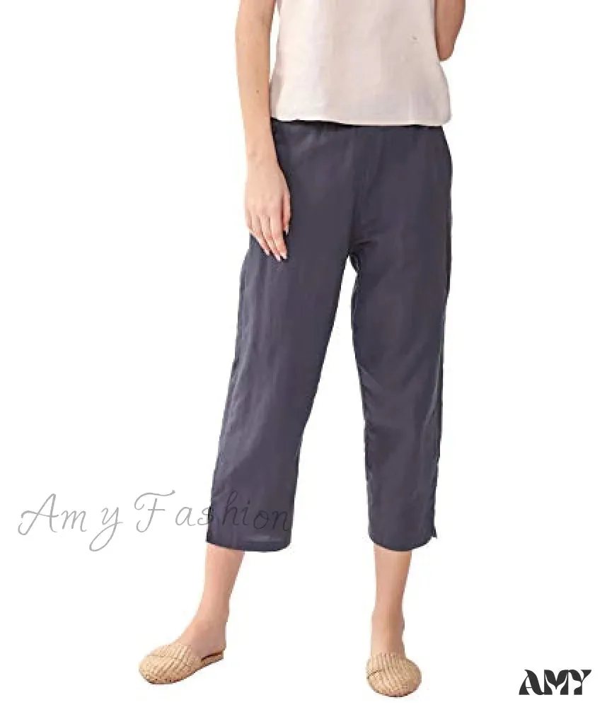 Amy Fashion - Womens Linen Capri Pants with Pockets Full Elastic Waistband Casual Pants