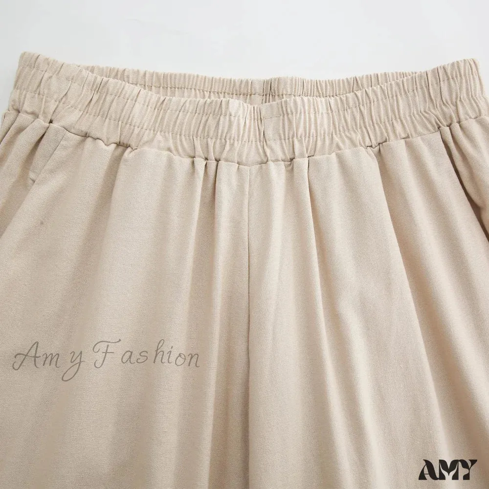 Amy Fashion - Womens Linen Capri Pants with Pockets Full Elastic Waistband Casual Pants