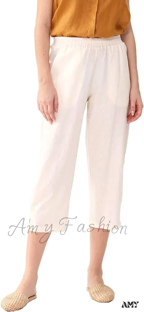 Amy Fashion - Womens Linen Capri Pants with Pockets Full Elastic Waistband Casual Pants