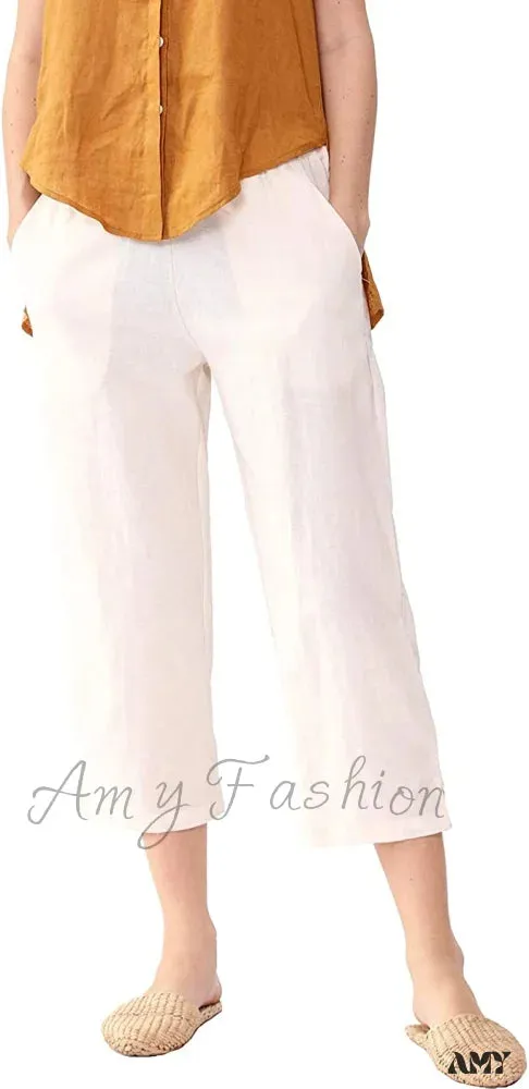 Amy Fashion - Womens Linen Capri Pants with Pockets Full Elastic Waistband Casual Pants