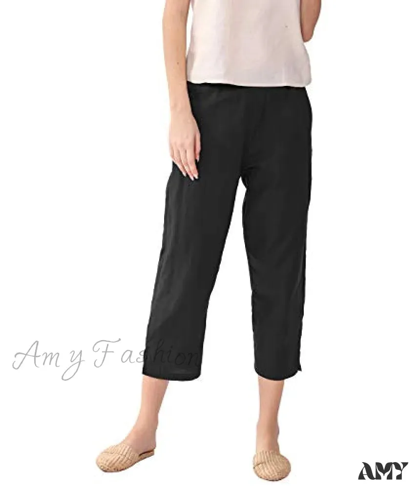 Amy Fashion - Womens Linen Capri Pants with Pockets Full Elastic Waistband Casual Pants