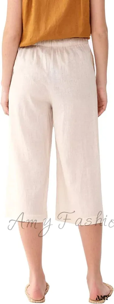 Amy Fashion - Womens Linen Capri Pants with Pockets Full Elastic Waistband Casual Pants