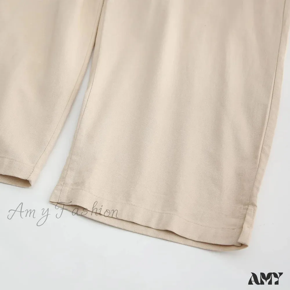 Amy Fashion - Womens Linen Capri Pants with Pockets Full Elastic Waistband Casual Pants