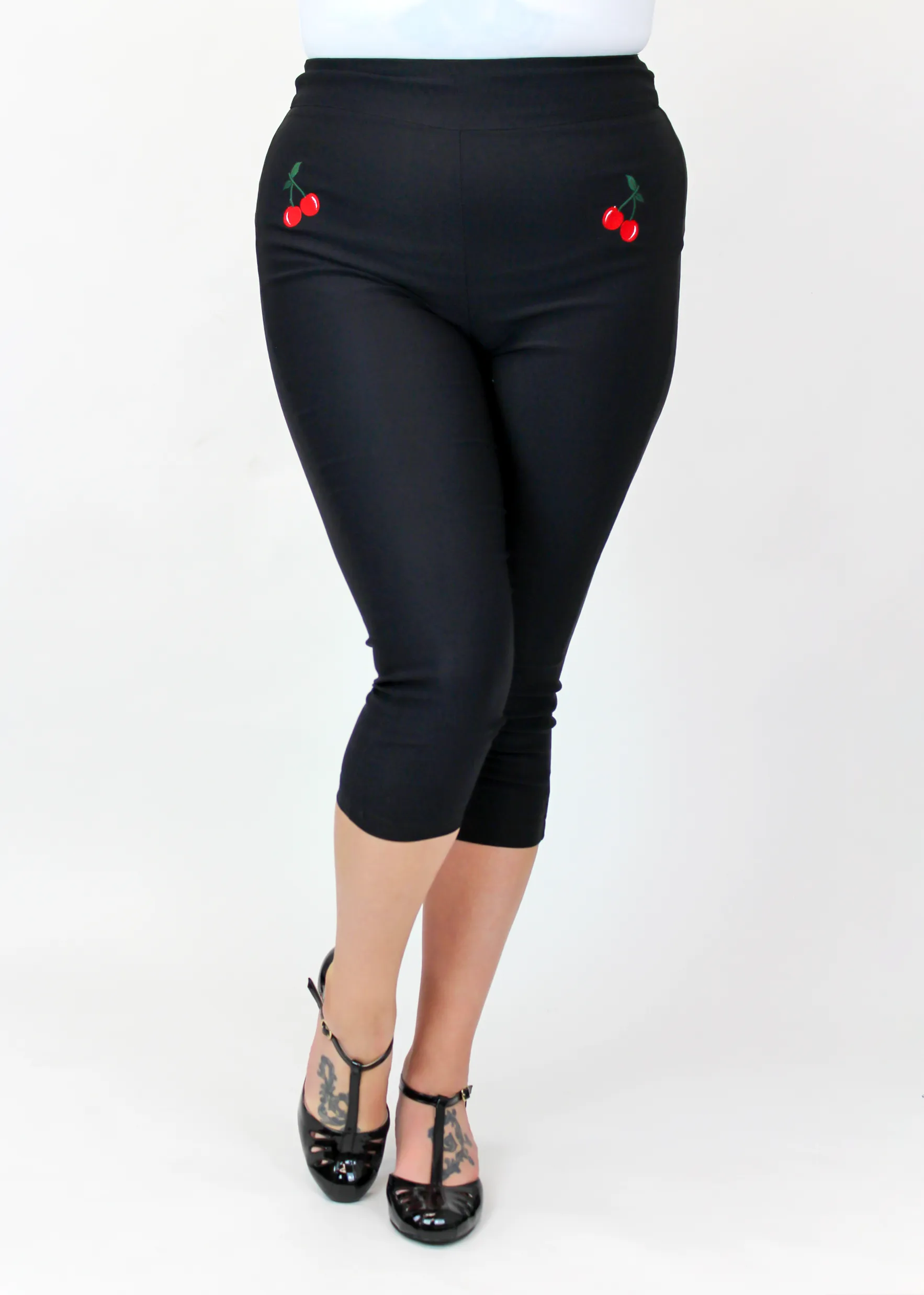 Black Pin Up High Waist Capri Pants - Embroidered Cherries