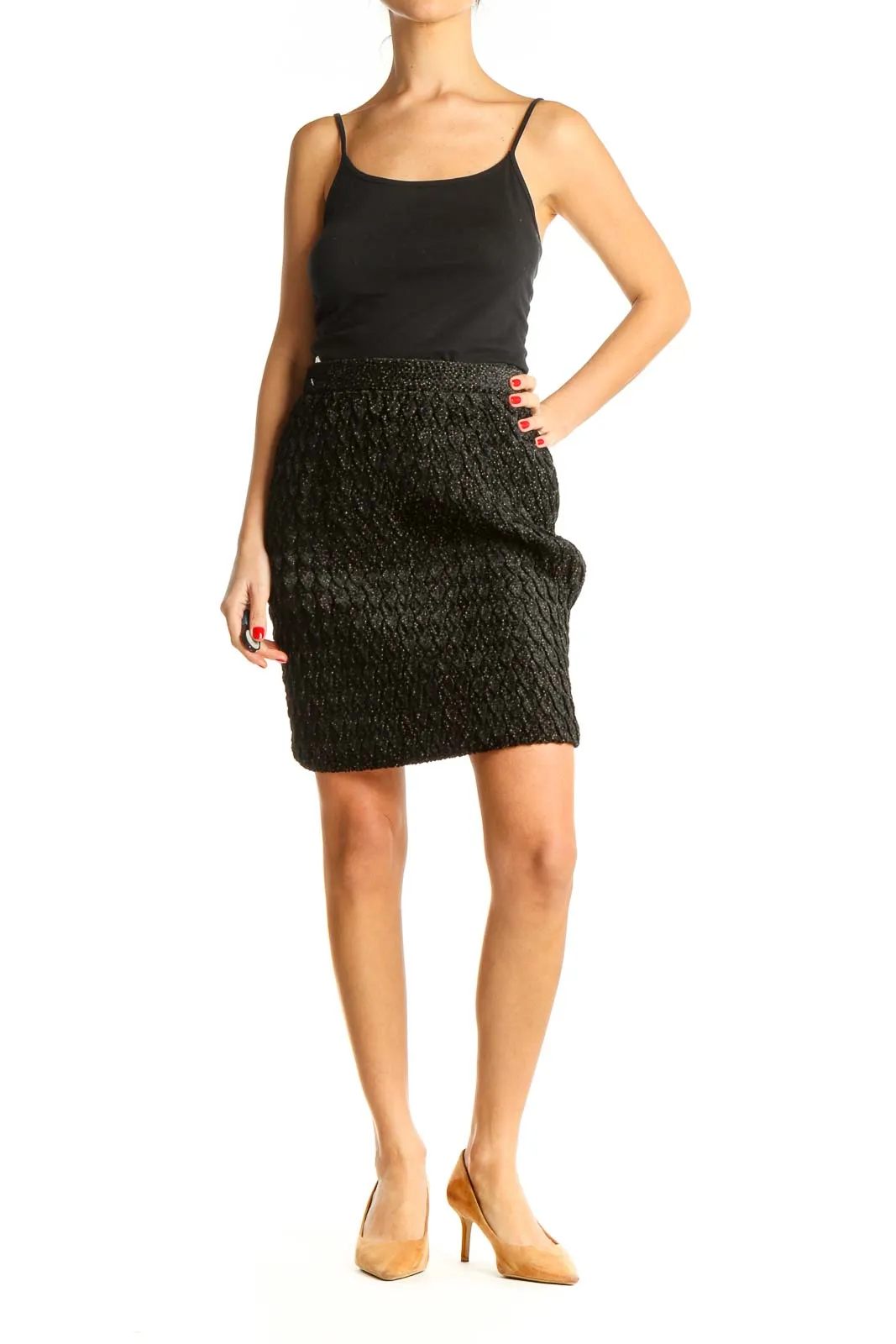 Black Textured Chic Pencil Skirt