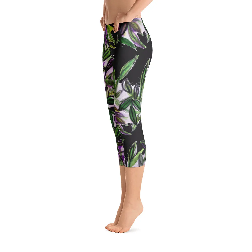 Black Tropical Leaf Capris Tights,, Exotic Women's Capri Leggings Activewear-Made in USA/EU