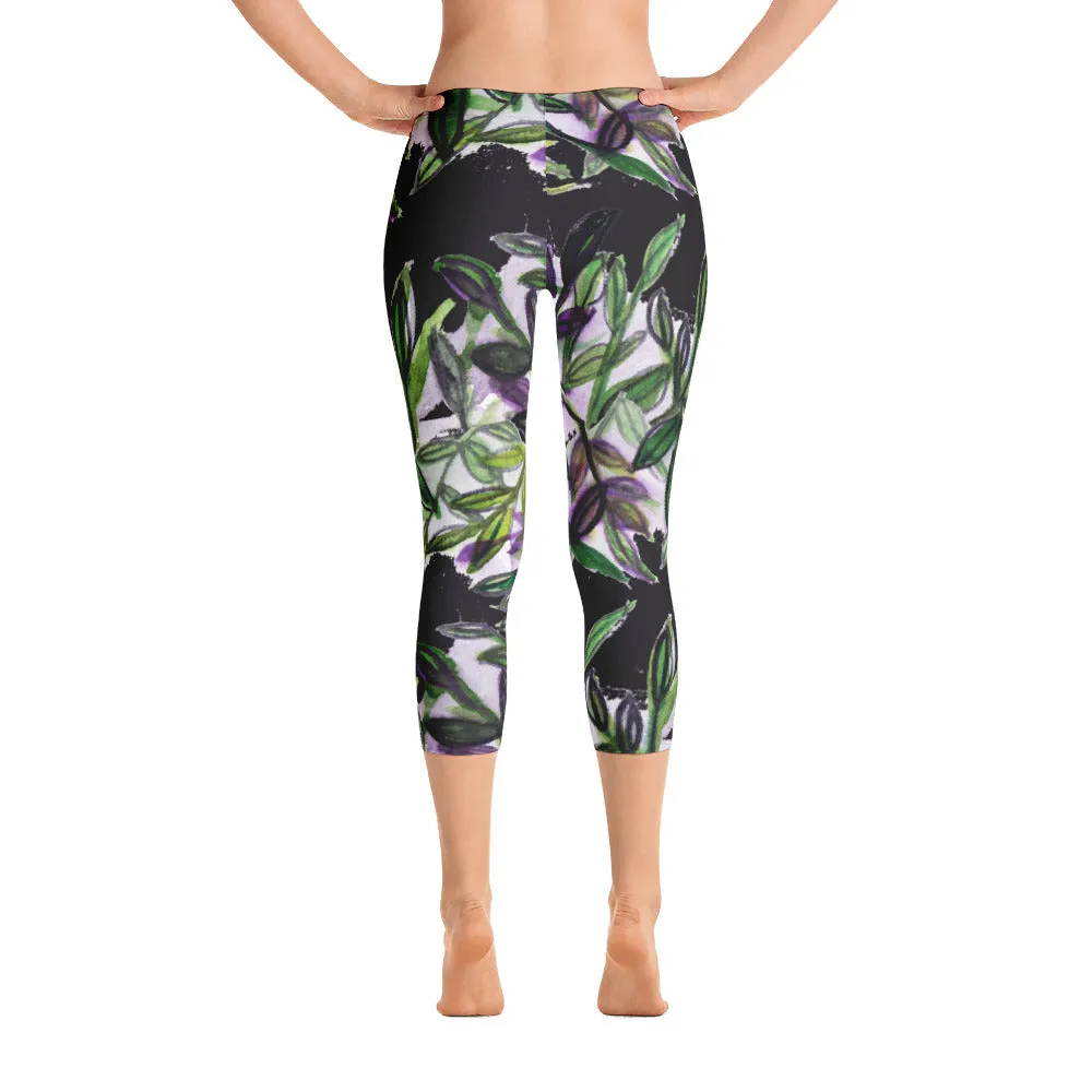 Black Tropical Leaf Capris Tights,, Exotic Women's Capri Leggings Activewear-Made in USA/EU