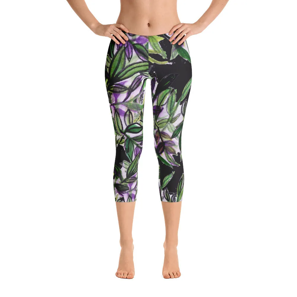 Black Tropical Leaf Capris Tights,, Exotic Women's Capri Leggings Activewear-Made in USA/EU