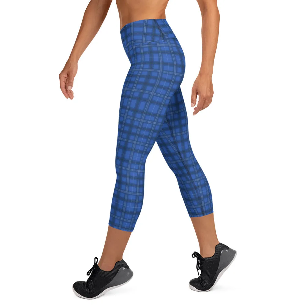 Blue Plaid Print Yoga Capris, Royal Blue Tartan Print Women's Yoga Capri Leggings-Made in USA/EU