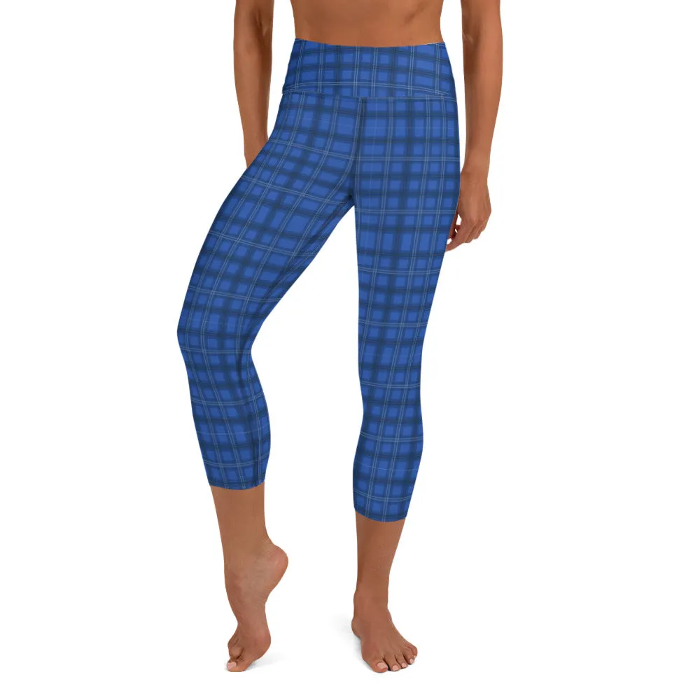 Blue Plaid Print Yoga Capris, Royal Blue Tartan Print Women's Yoga Capri Leggings-Made in USA/EU