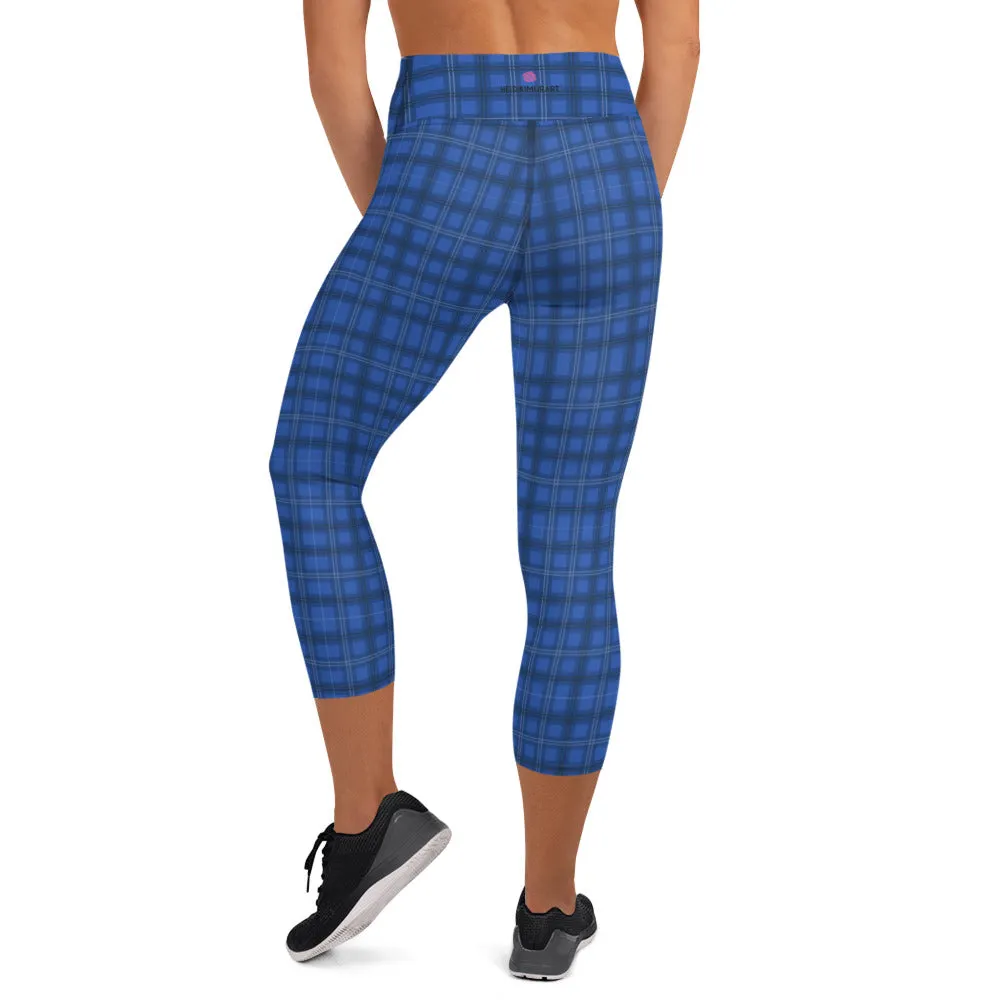 Blue Plaid Print Yoga Capris, Royal Blue Tartan Print Women's Yoga Capri Leggings-Made in USA/EU