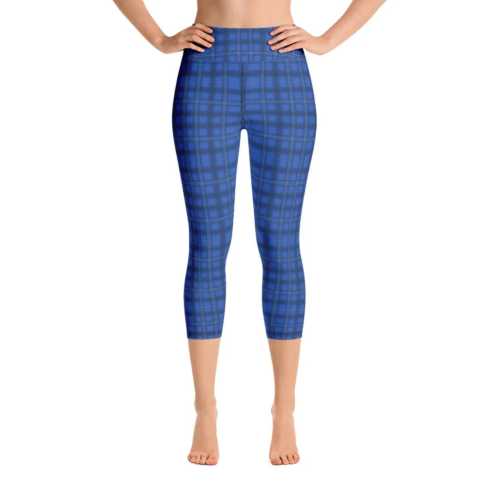 Blue Plaid Print Yoga Capris, Royal Blue Tartan Print Women's Yoga Capri Leggings-Made in USA/EU