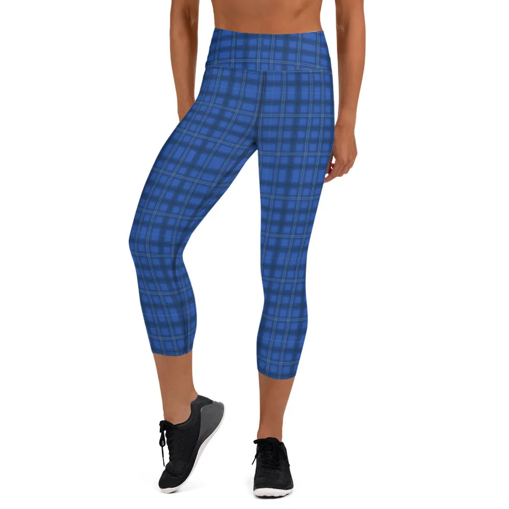 Blue Plaid Print Yoga Capris, Royal Blue Tartan Print Women's Yoga Capri Leggings-Made in USA/EU