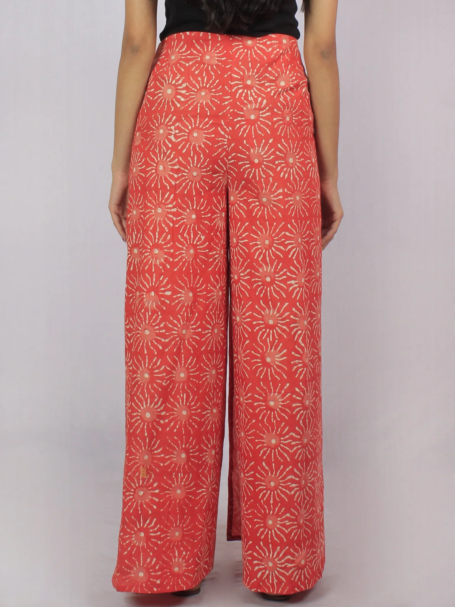 Blush Red Ivory Hand Block Printed Free Size Tie Up Wrap Around Trousers - T0317042