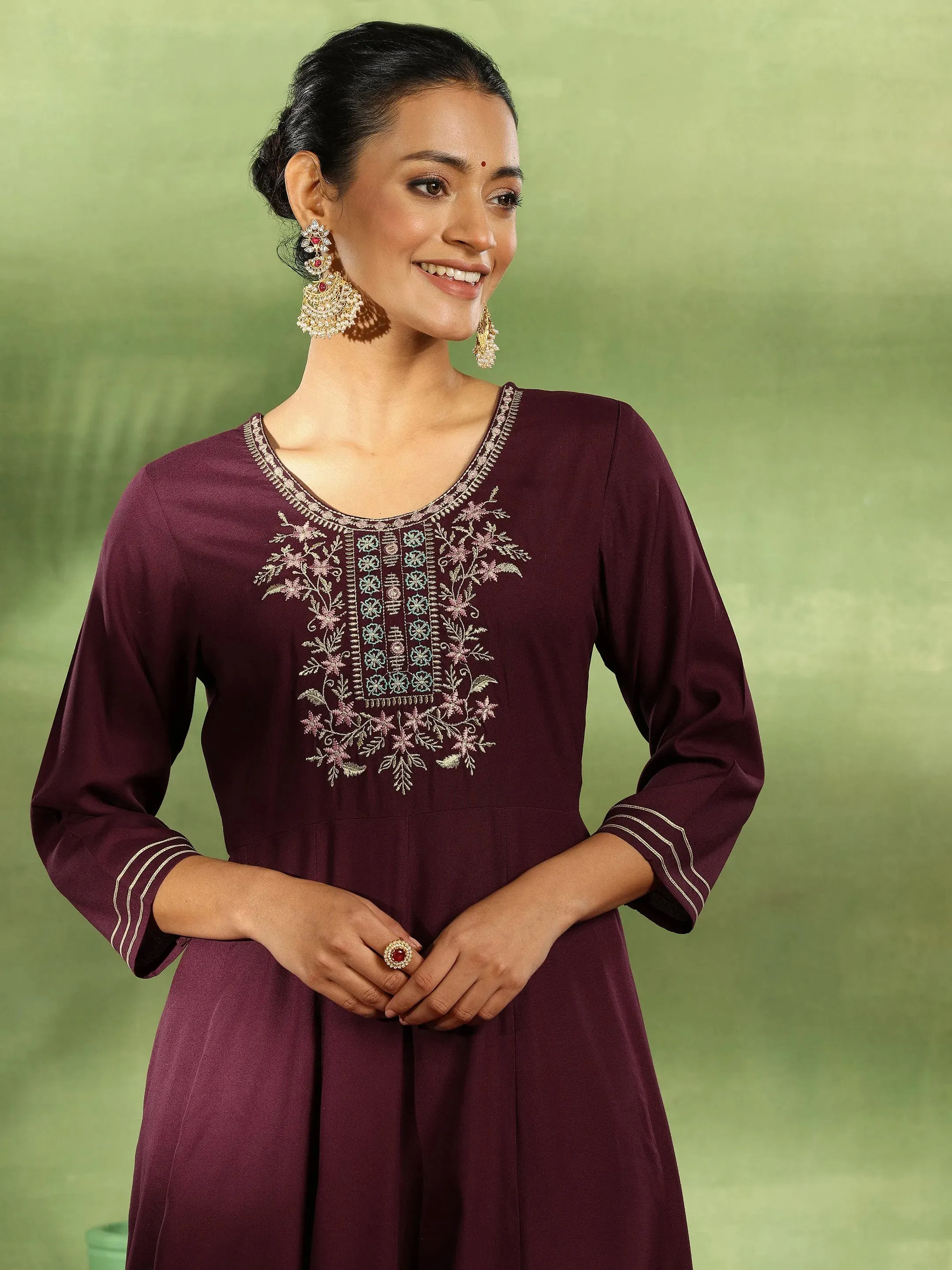 Burgundy Yoke Design Rayon Anarkali Suit With Dupatta