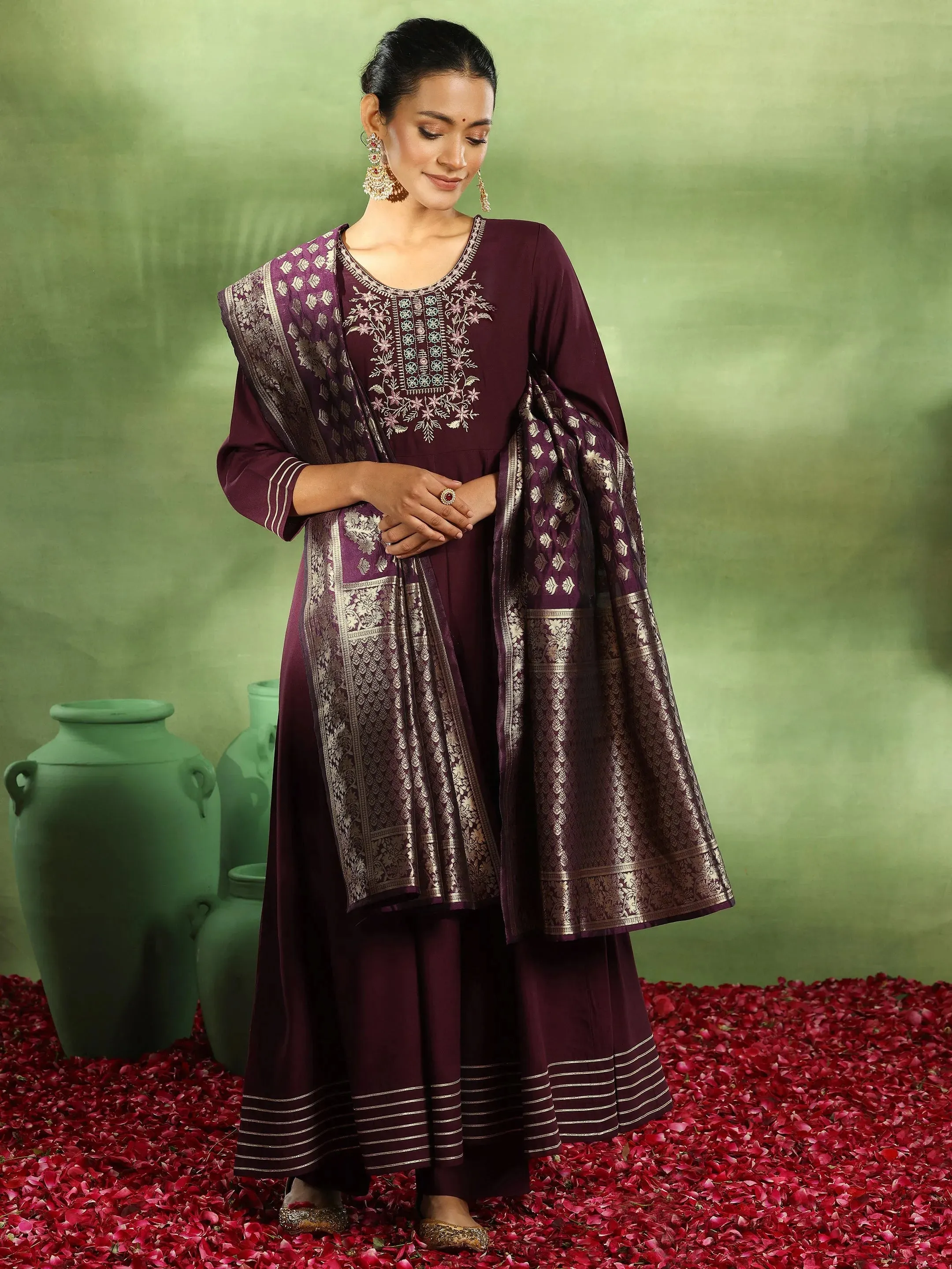 Burgundy Yoke Design Rayon Anarkali Suit With Dupatta