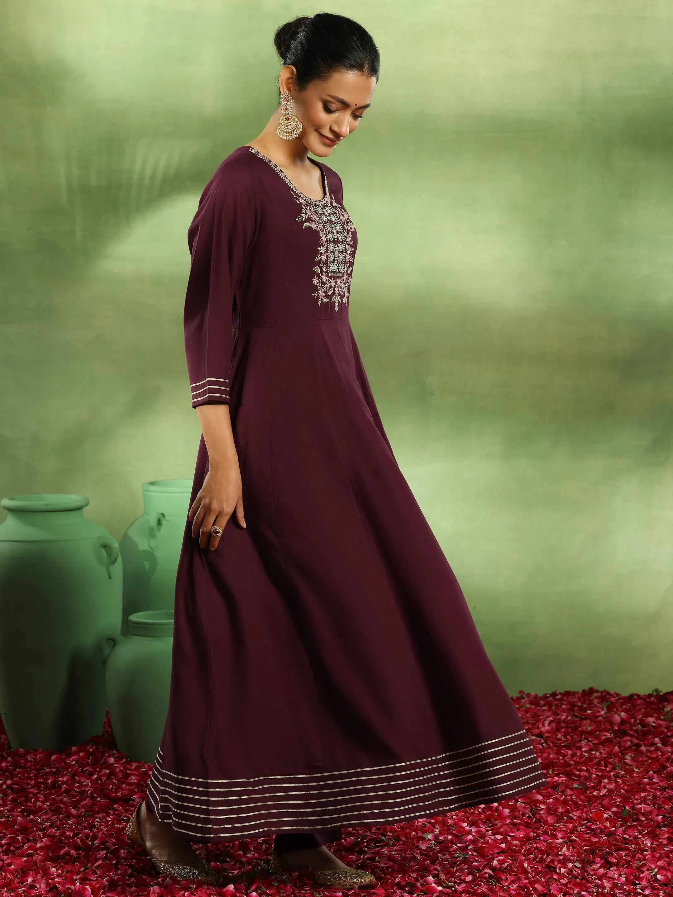 Burgundy Yoke Design Rayon Anarkali Suit With Dupatta