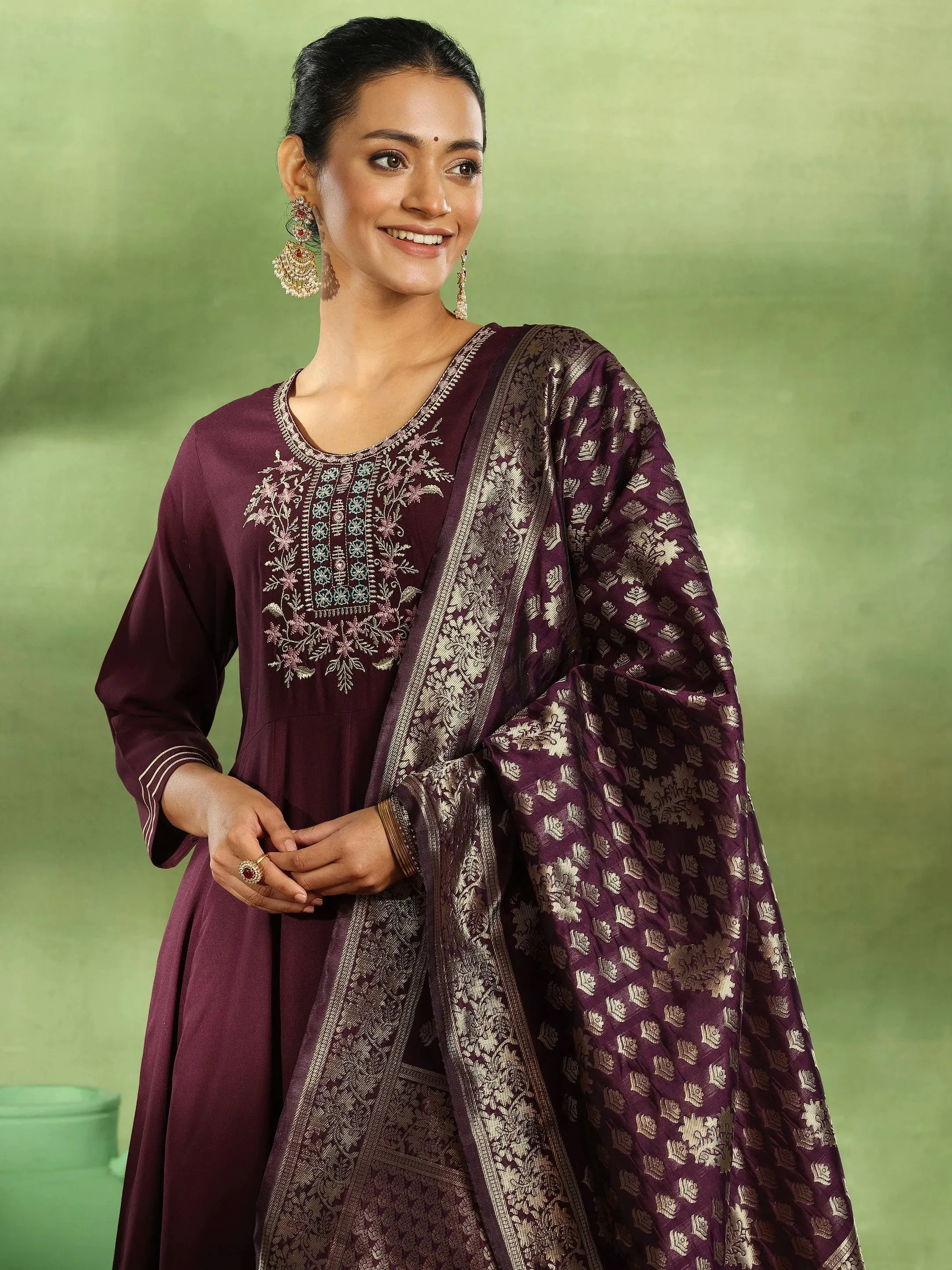 Burgundy Yoke Design Rayon Anarkali Suit With Dupatta