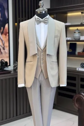 Chapman Beige Shawl Collar Three-Piece Wedding Suit for Men