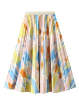 Colorful Printed Pleated High Waist Skirt