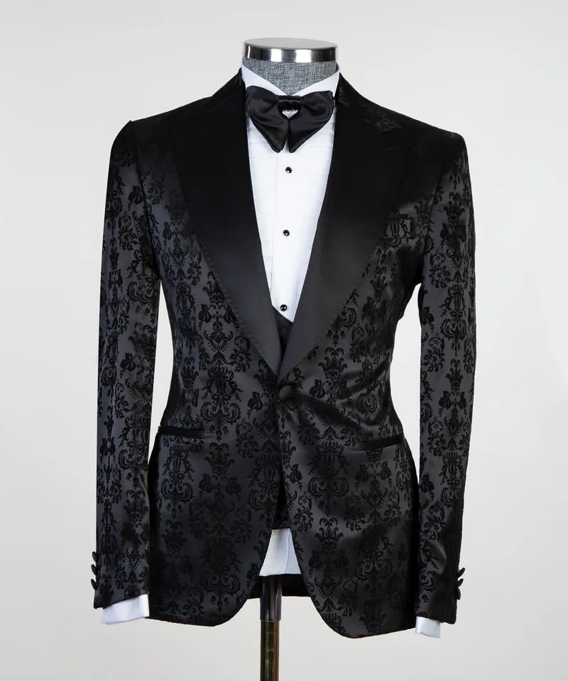 Edward Tailored Black Jacquard Peaked Lapel Three-Piece Men’s Suit