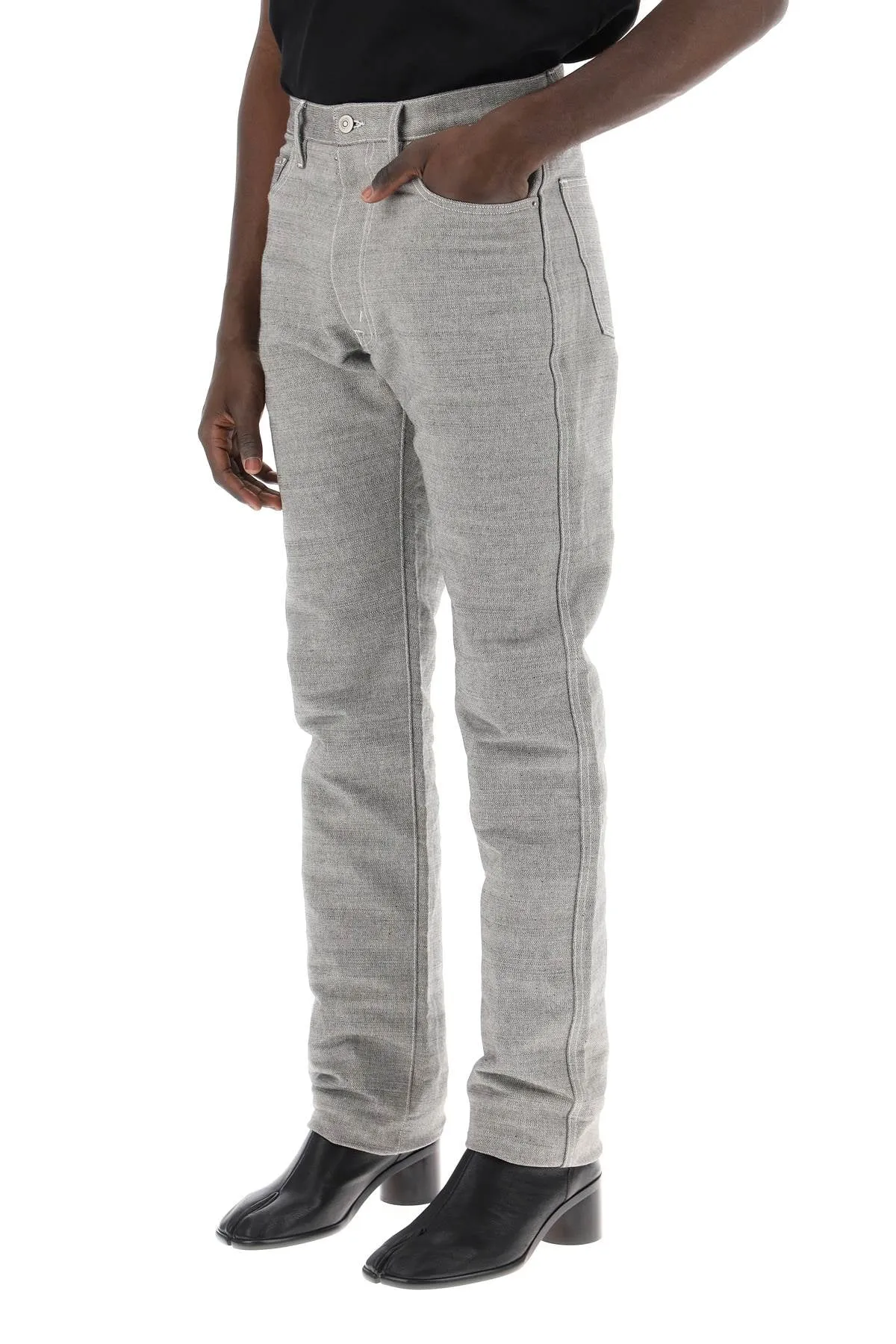 five-pocket trousers in mélange effect canvas