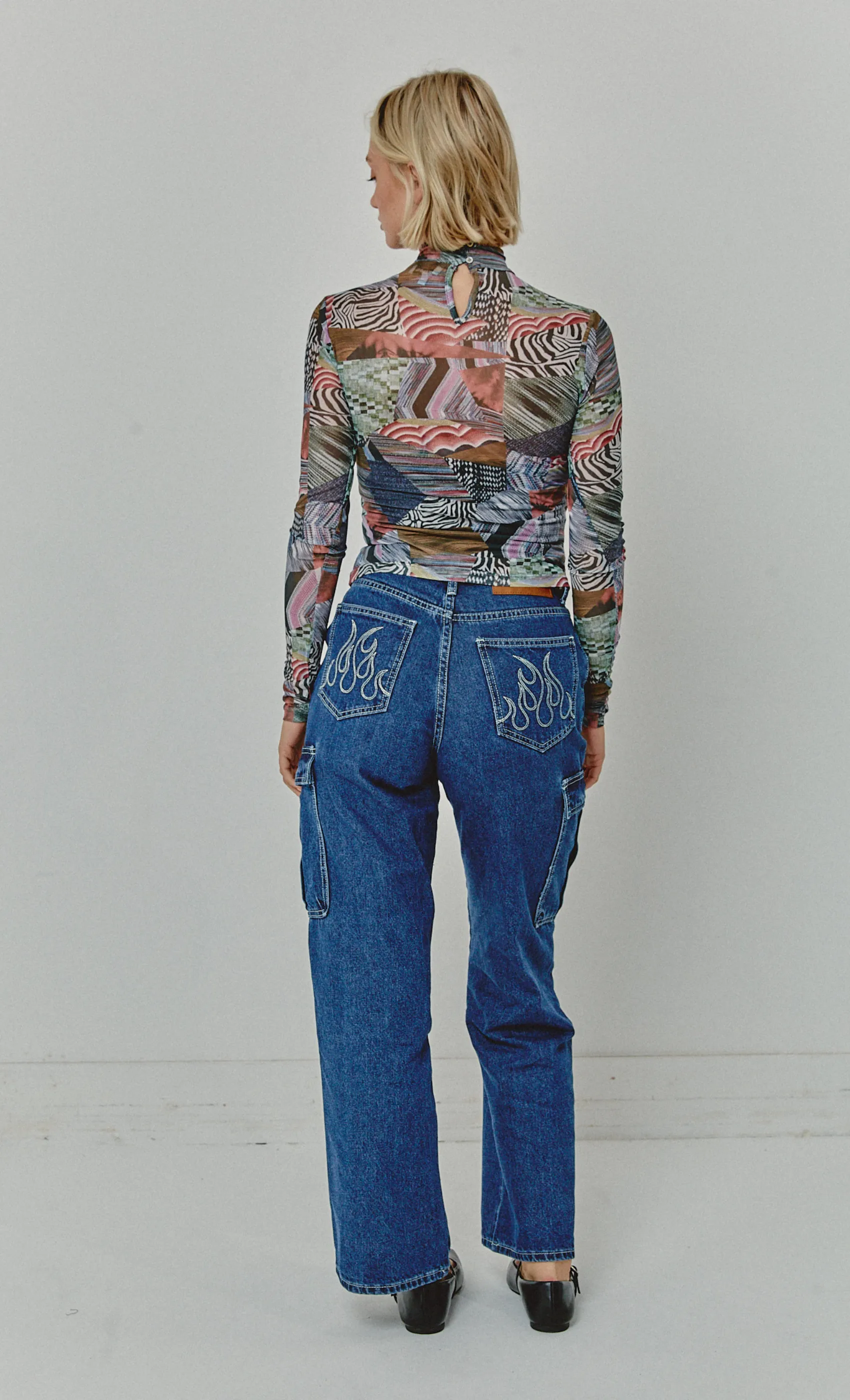 FLAME EMBROIDERED UTILITY JEANS