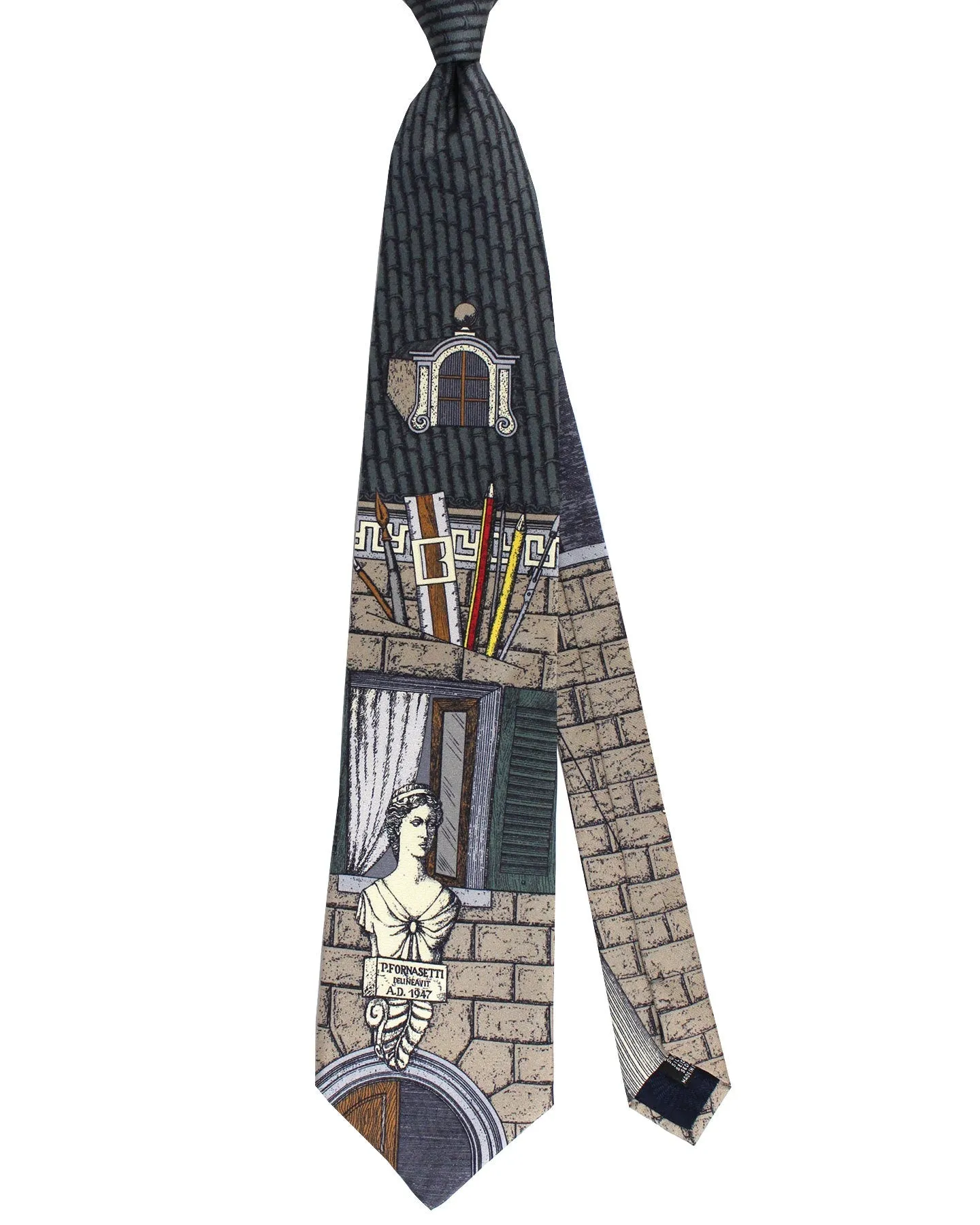 Fornasetti Silk Tie Taupe Gray Architectural Design - Wide Necktie