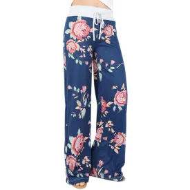 GBSELL Women Hippie Floral Stripe Drawstring Wide Leg Pants Leggings Casual (XL, Blue)