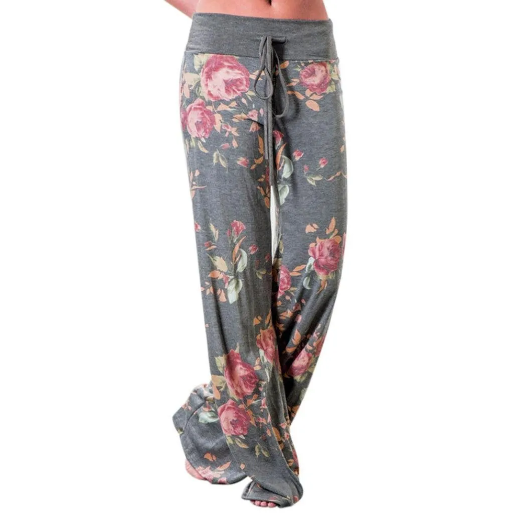 GBSELL Women Hippie Floral Stripe Drawstring Wide Leg Pants Leggings Casual (XL, Gray)