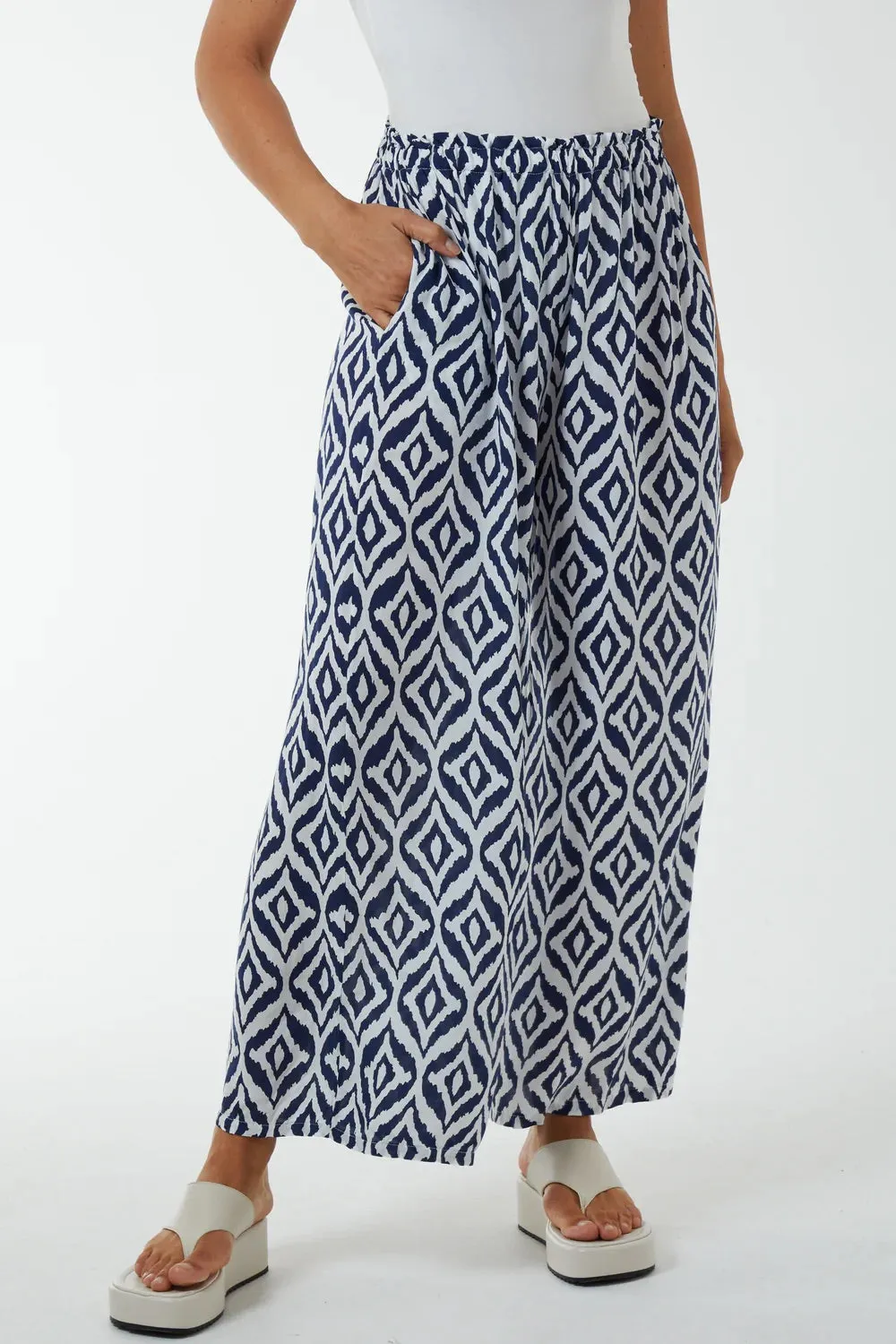 Geometric Print Black And White Wide Leg Trousers