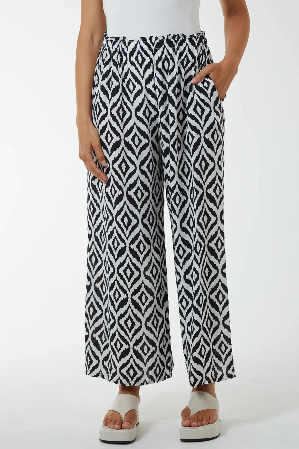 Geometric Print Black And White Wide Leg Trousers