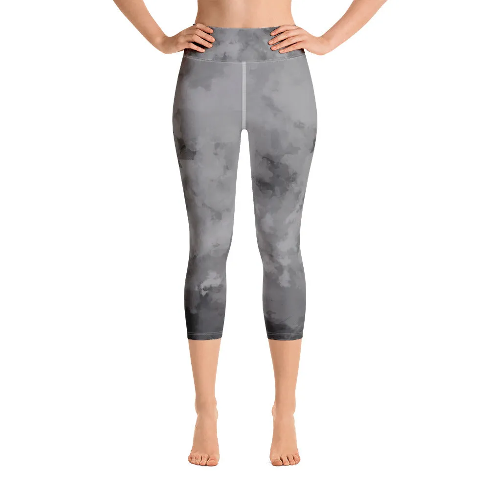 Gray Yoga Capri Leggings, Abstract Grey Women's Capris Tights For Fitness Workouts-Made in USA/EU/MX