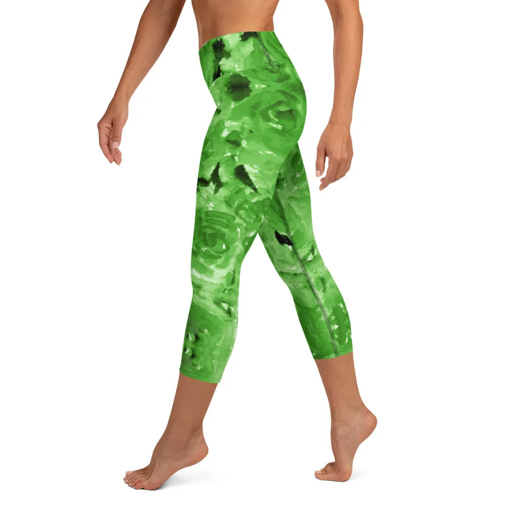 Green Abstract Yoga Capri Leggings, Fun Colorful Green Women's Capris Tights-Made in USA/EU