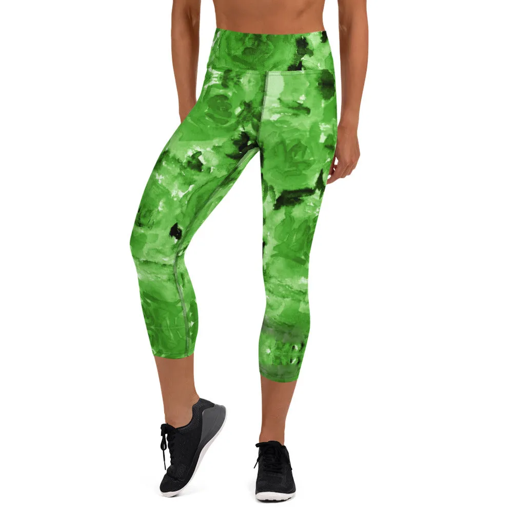 Green Abstract Yoga Capri Leggings, Fun Colorful Green Women's Capris Tights-Made in USA/EU