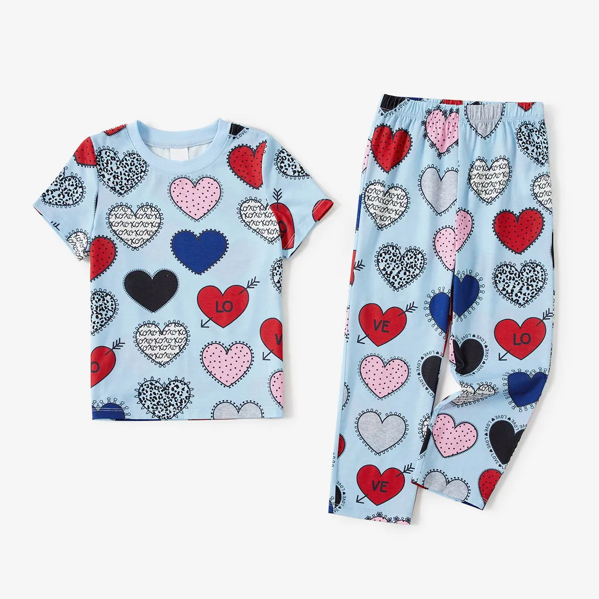 Heart Print Short Sleeve Matching Valentines Pajamas Papa Mama and Little Love