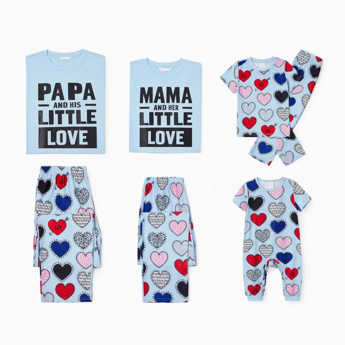 Heart Print Short Sleeve Matching Valentines Pajamas Papa Mama and Little Love