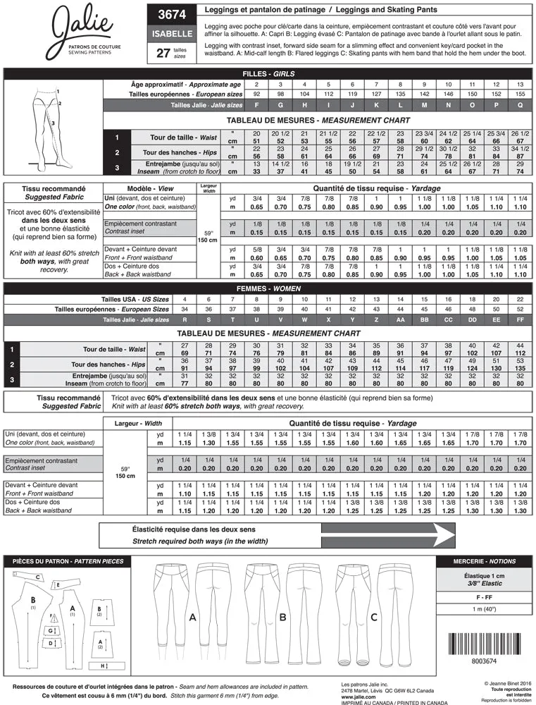 Jalie Pattern 3674 - ISABELLE Leggings / Skating Pants