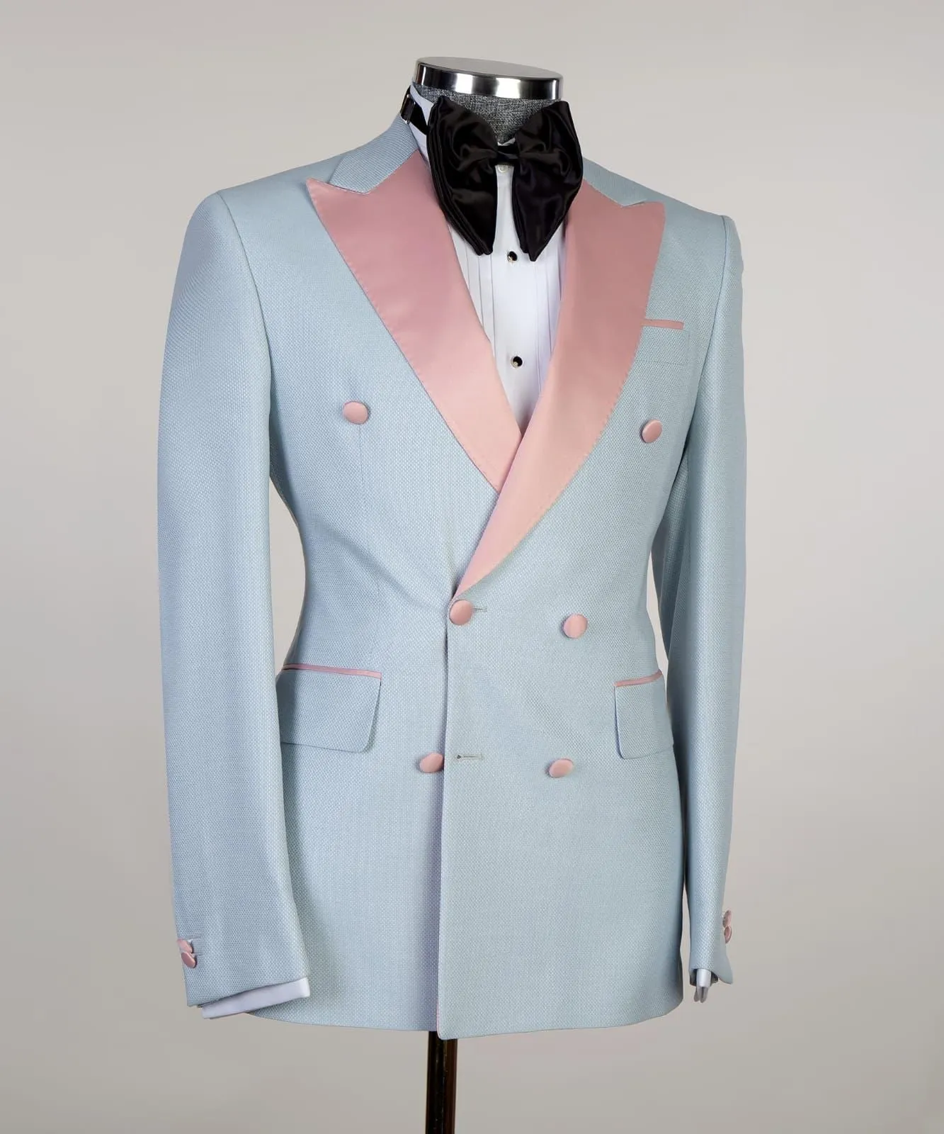 Joshua Sky Blue Sparkly Double-Breasted Men’s Suit with Pink Peaked Lapel