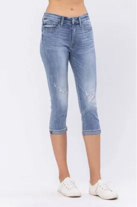 Judy Blue Mid-Rise Capri 20'' Inseam Raw Cuff Destroyed Skinny Fit