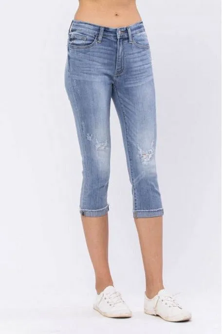 Judy Blue Mid-Rise Capri 20'' Inseam Raw Cuff Destroyed Skinny Fit