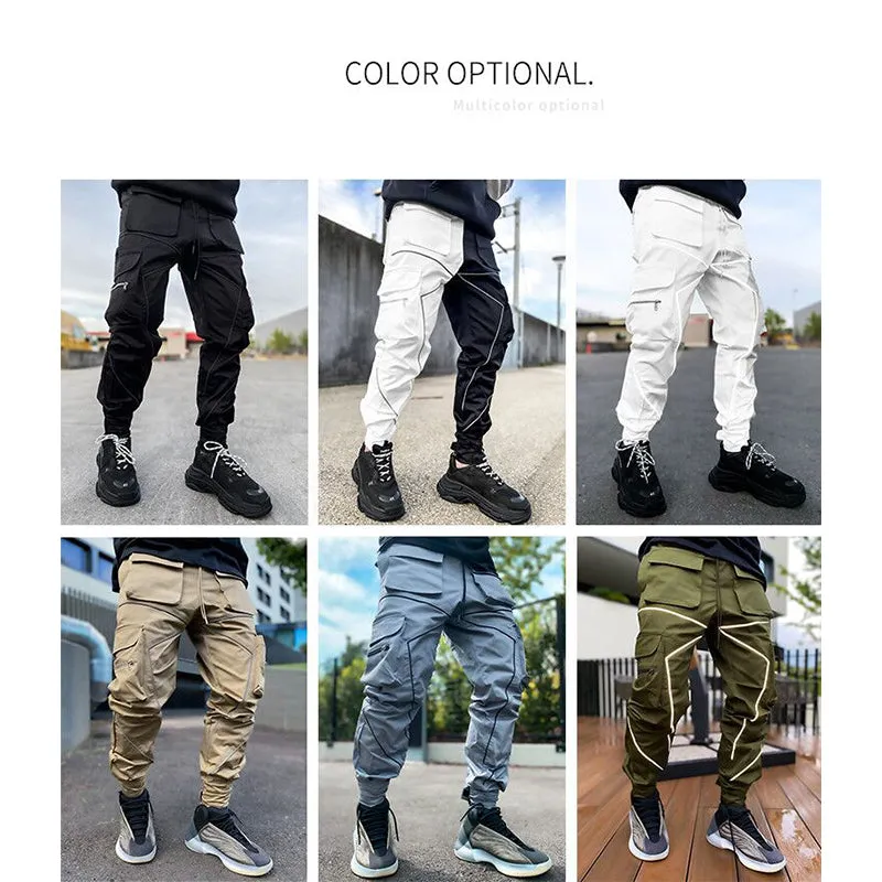 Khaki Fashion Mens Cargo Pants Hip Hop Elasticated Waist Drawstring Street Jogger Sweatpants with Pockets Jogging Punk | W302