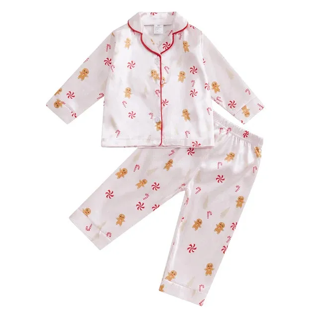 Kids Christmas Pajama Sets for Boys Girls Gingerbread Man/Candy Cane Print Lapel Neck Button-up Shirts Long Pant Loungewear