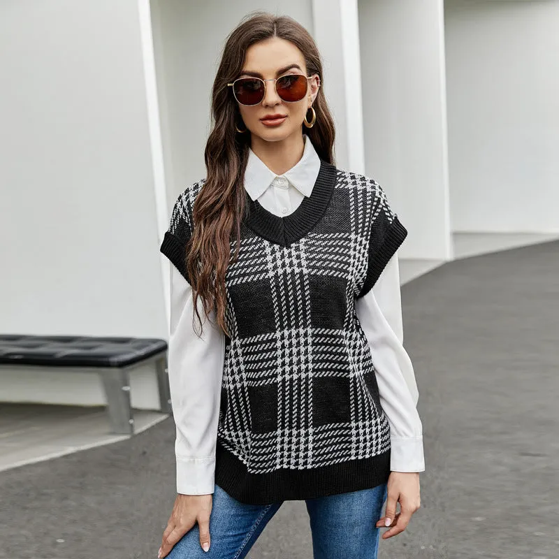 Knitting Gingham V-Neck Loose Sweater Wholesale Vest