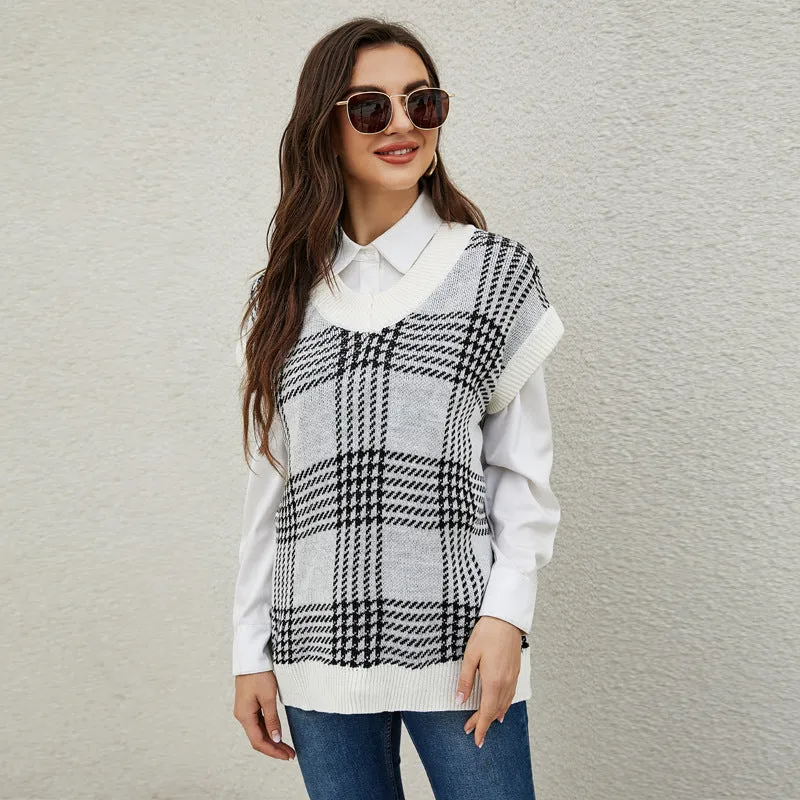 Knitting Gingham V-Neck Loose Sweater Wholesale Vest